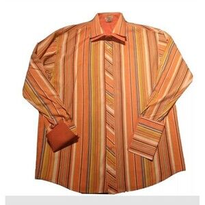 Dtek Jeans Men Shirt Sz L  Orange Stripe Long Sleeve Double Collar French Cuffs